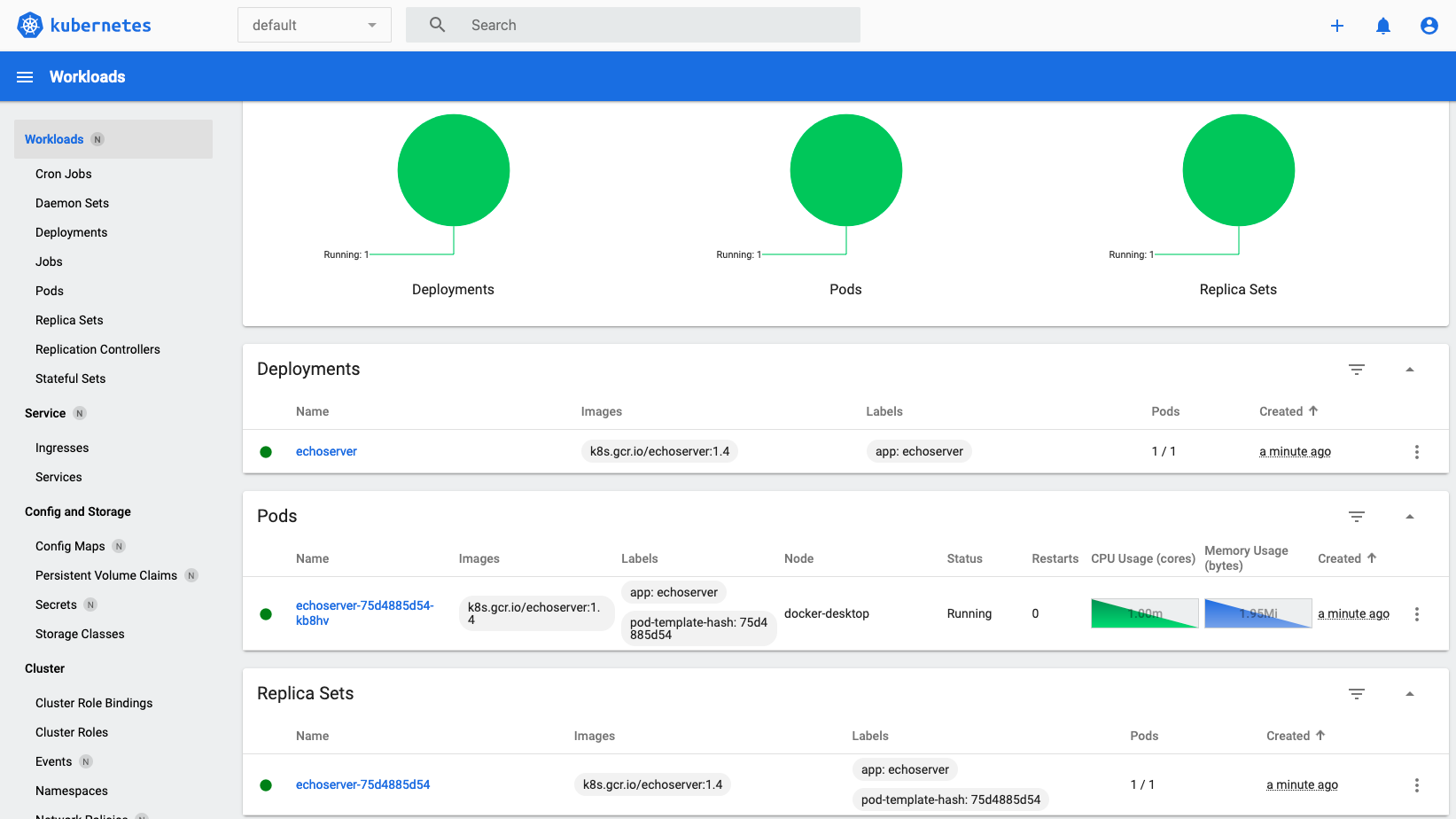 Workloads in the Kubernetes dashboard